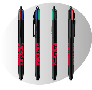 photo d'un 4 couleurs BIC, noir imprimés Sprint Communication rouge, sous différents angles