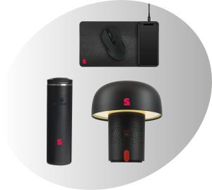 photo d'une gourde, d'un tapis de souris connecté et d'une lampe, noirs, floqués Sprint Communication rouge