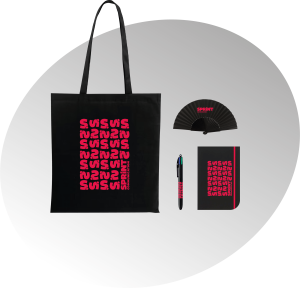 image d'un totebag, d'un éventail, d'un stylo et d'un carnet noirs, floqués Sprint Communication rouge