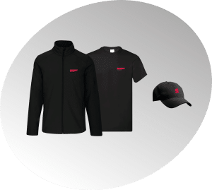 photo illustrative d'un tee-shirt noir, d'une veste noire et d'une casquette noire, tous floqués Sprint Communication en rouge, pour le catalogue textile