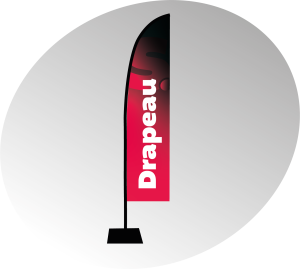 photo d'un feather flag (drapeau de publicité), aux couleurs de Sprint Communication (rouge et noir)