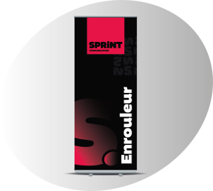 photo d'un PLV (publicité sur lieu de vente), noir floqué Sprint Communication rouge