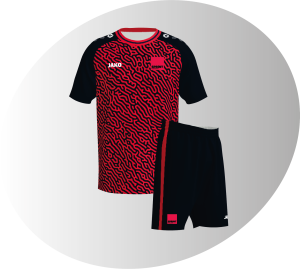 photo d'un tee-shirt et d'un short rouge et noir, floqués Sprint Communication, pour illustrer le catalogue sport