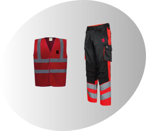 image d'un gilet de sécurité et d'un pantalon de sécurité, orange et noir, floqués Sprint Communication, pour illustrer le catalogue textile professionnel