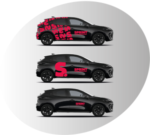 photos d'une voiture noire, vu de profil droit, floquée Sprint Communication en rouge