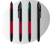 photo d'un 4 couleurs BIC, noir imprimés Sprint Communication rouge, sous différents angles
