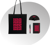 image d'un totebag, d'un éventail, d'un stylo et d'un carnet noirs, floqués Sprint Communication rouge