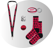 image d'un tour de cou, de chausettes, et d'un porte-clef, floqués Sprint Communication rouge