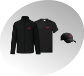 photo illustrative d'un tee-shirt noir, d'une veste noire et d'une casquette noire, tous floqués Sprint Communication en rouge, pour le catalogue textile