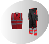 image d'un gilet de sécurité et d'un pantalon de sécurité, orange et noir, floqués Sprint Communication, pour illustrer le catalogue textile professionnel