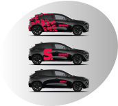 photos d'une voiture noire, vu de profil droit, floquée Sprint Communication en rouge